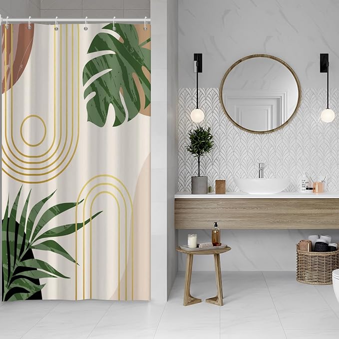 Boho Sage Green Shower Curtain Bohemian Mid Century Geometric Abstract Curve Bathroom Curtain Palm Leaf Polyester Shower Curtain Sets for Bathroom Extra Long 36x72 in with 6 Hooks
