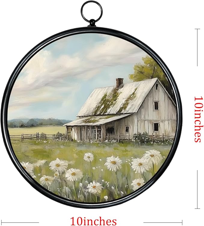 XIAOAIKA Round Vintage Wall Hanging Decor, Printed Textured Surface with Wood Back, Cottage Design, Black Metal Frame, Ready to Hang for Living Room Bedroom, 10 Inch