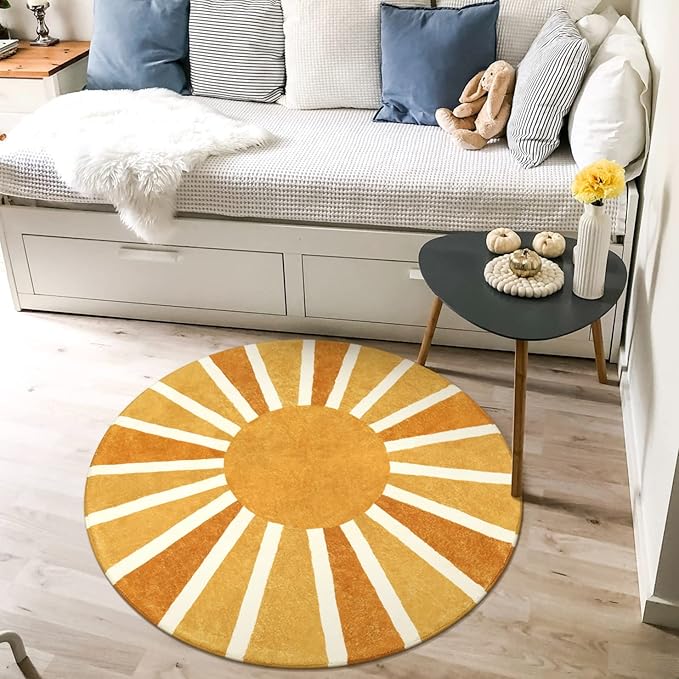 Lahome Sun Round Rug: 3ft Washable & Non-Slip Distressed Boho Rainbow Sun Print for Nursery, Bedroom, Bathroom, Living Room, Entryway & Accent Sofa