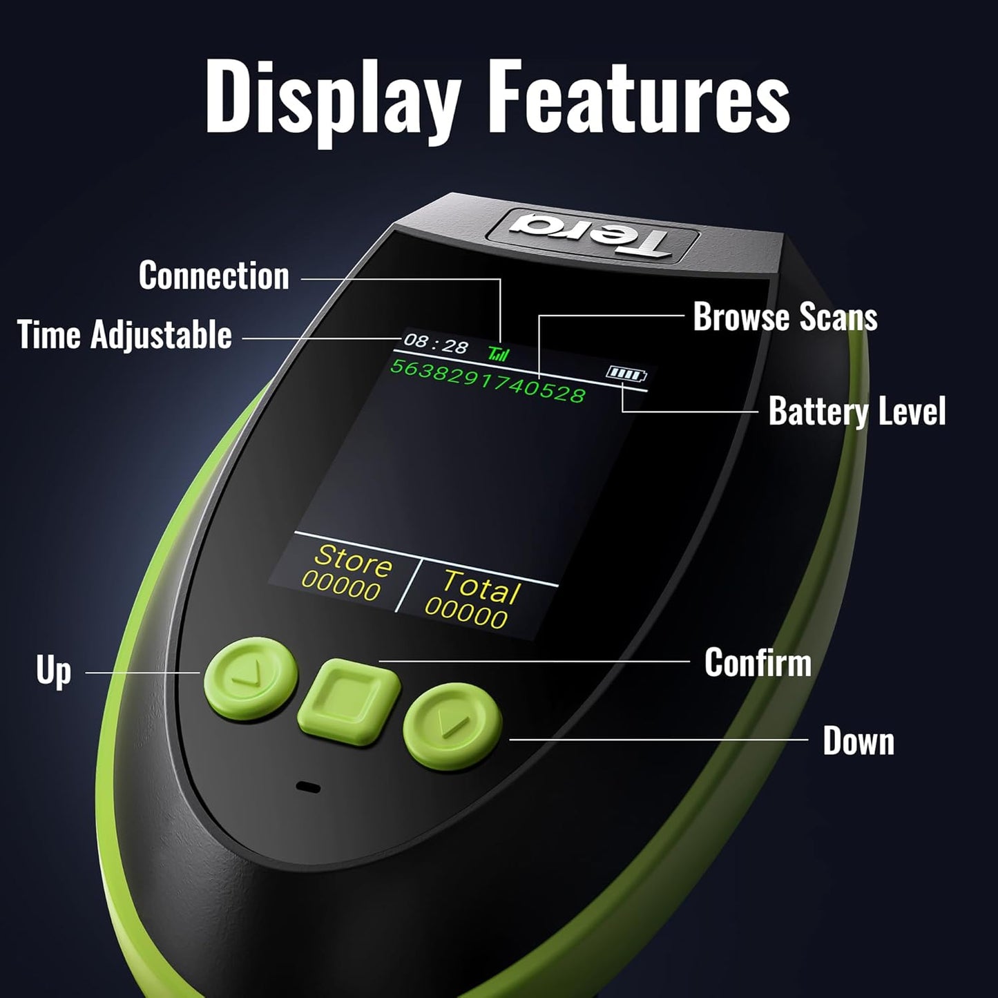 Tera Wireless Barcode Scanner - Pro 1D/2D QR Reader with Screen & Charging Cradle | Green