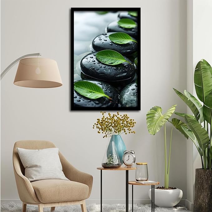 Glittering black stone cluster with fresh green leaves and water drops poster tranquil mist rain wall art zen wall art suitable for modern minimalist home decor 8x12in Metal blackFramed