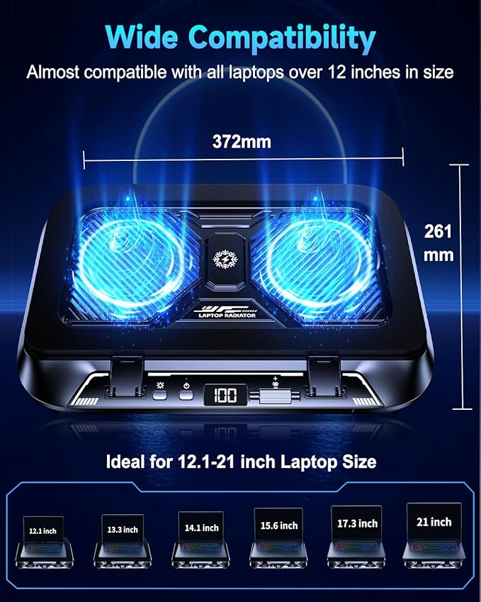 Laptop Cooling Pad with Dual Core Cooler, Gaming Laptop Cooler with 5.5in 2 Powerful Turbofan(9500 RPM), Fast Cooling Laptop 12-21in, 5 Height Stands, 100 Gear Speed, LCD Screen, RGB, Phone Holder