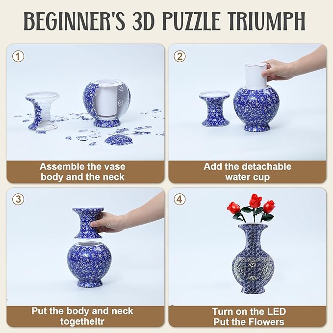 3D Puzzle Vase for Adults, 200 Curved Pieces DIY LED Vase, Unique Craft Kit for Home Decoration, Creative Hobby Gift for Women, Ideal Housewarming & Birthday Gifts (Navy Gold Blossom)