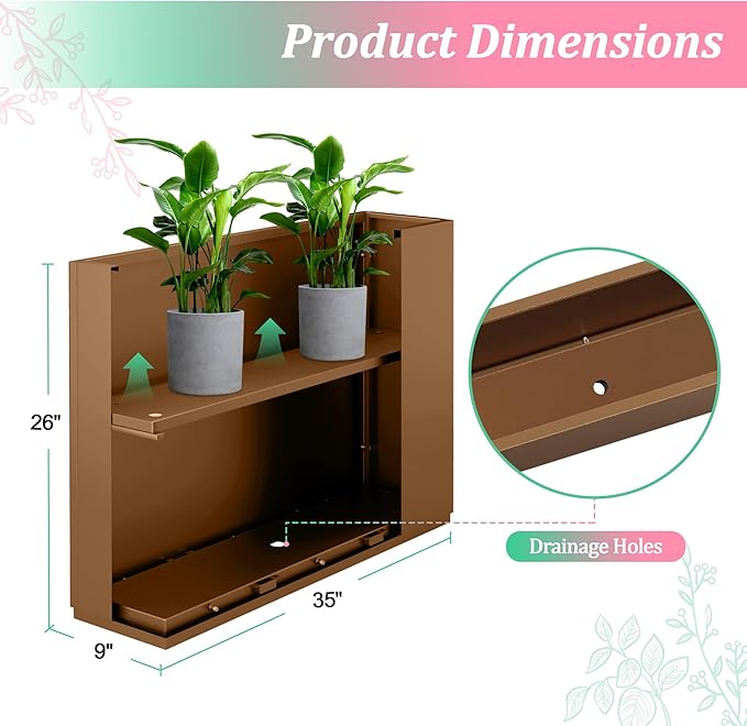Metal Planter Box Rectangular Planter Box with Drainage Hole, Outdoor Large Planters, All-Weather Use, Rust-Resistance, for Flowers Plants, 35.4" L × 9.1" W × 25.6" H, Brown