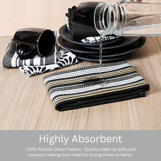 WeWove Assorted Kitchen Towels Set of 5-100% Cotton Dish Cloths Towels with Hanging Loop - Soft Absorbent Washable Reusable for Kitchen Use - Quick Drying 16x26 inch Dish Towels Black