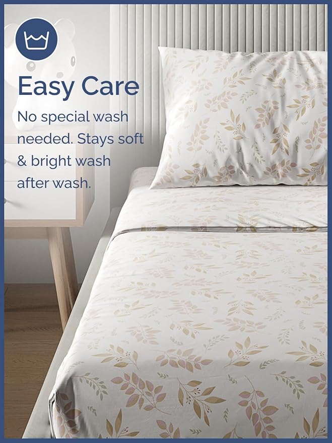 Kids Leaves Twin 3 Piece Sheet Set - Boys, Girls, Teens, Toddler - Easy Fit Deep Pockets - Breathable, Hotel Quality Bedding Sheets - Machine Washable - Wrinkle Free - Cute, Cozy, Soft - CGK Linens