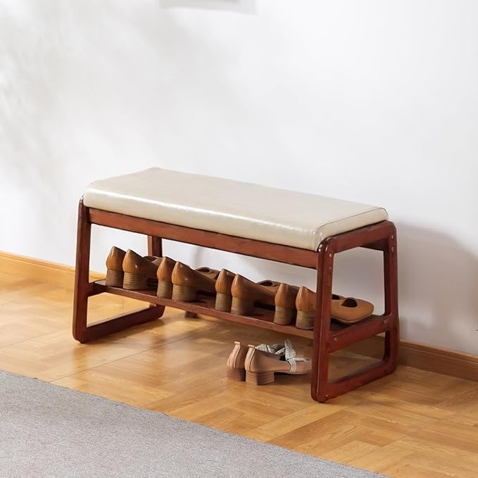 SOBIBO Solid Wood Shoe Bench, 2-Tier Wooden Entryway Bench, Modern Shoe Rack with Faux Leather Cushion for Hallway, Living Room (Gray, 31.5'')