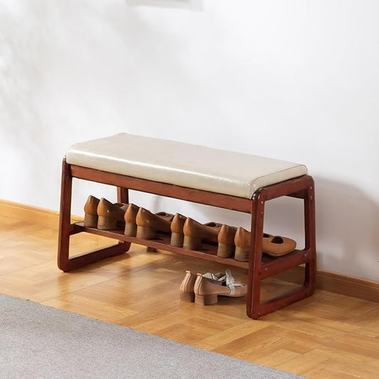 SOBIBO Solid Wood Shoe Bench, 2-Tier Wooden Entryway Bench, Modern Shoe Rack with Faux Leather Cushion for Hallway, Living Room (Gray, 31.5'')