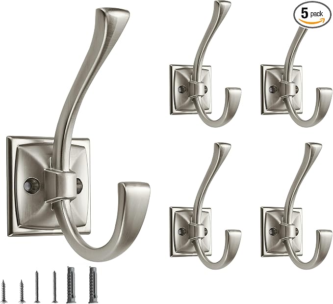 5 Pack Decorative Heavy Duty Towel Hooks for Hanging Robe Double Satin Nickel Coat Hooks Wall Mounted with Screws for Key, Towel, Bags, Cup, Hat