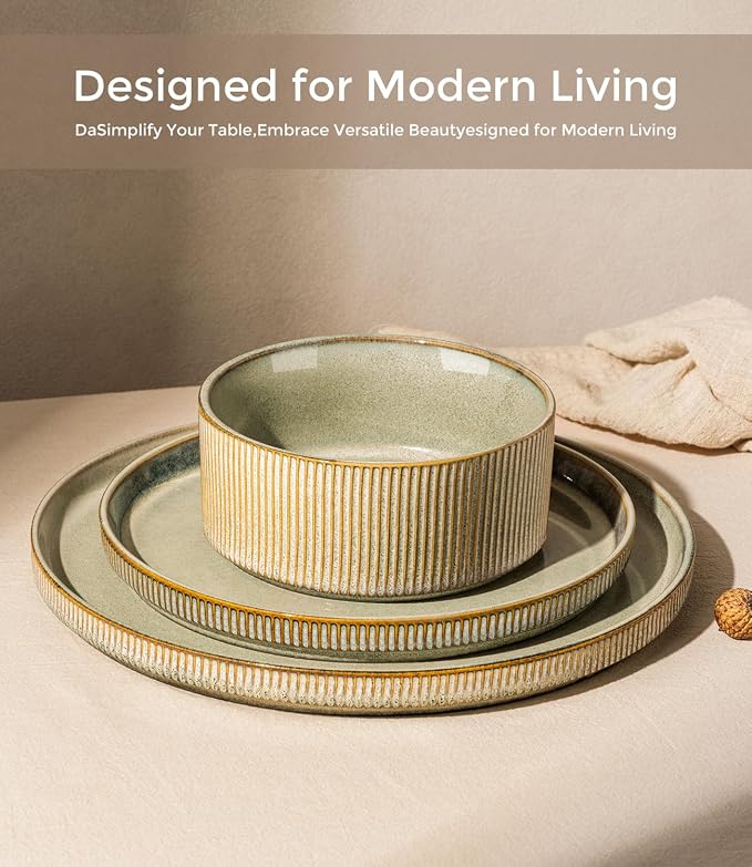 GBHOME 12-Piece Stoneware Dinnerware Set for 4 – Ribbed Ceramic Plates and Bowls, Scratch-Resistant, Microwave & Dishwasher Safe, Reactive Glaze, Desert Sage