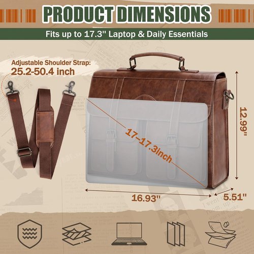 RAINSMORE Men's Vintage Leather Messenger Bag - 17 Inch Laptop Briefcase with Magnetic Closure