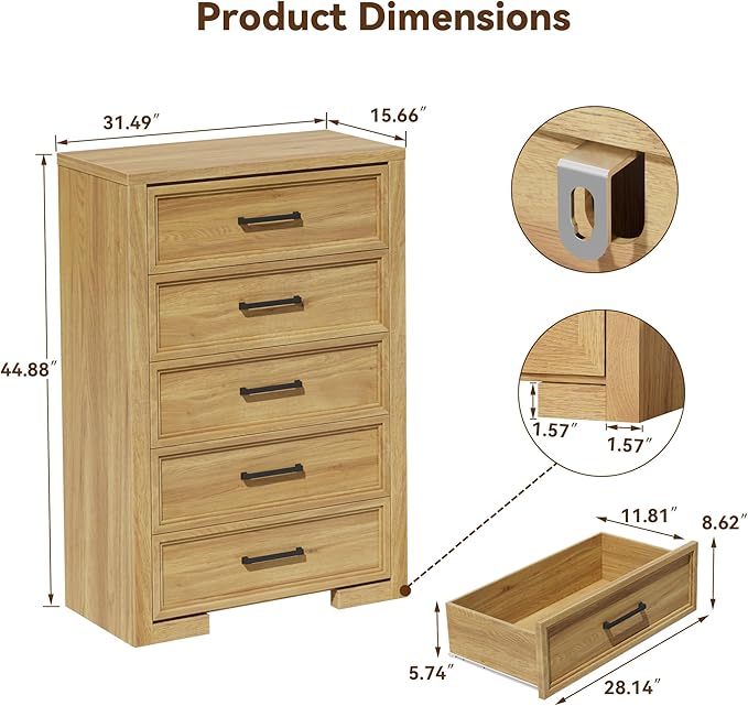 5 Drawers Dresser for Bedroom, 45" Tall Modern Chest of Drawers with Metal Handle, Wood Closet Clothes Storage Organizer for Living Room, Hallway, Entryway