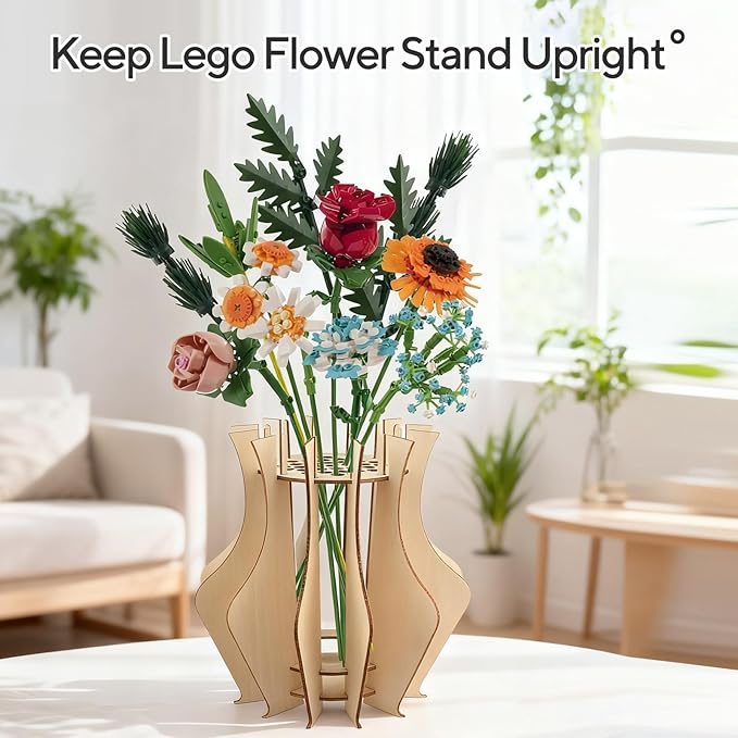 Wooden Vase for Lego Flowers - Wooden Vase for Lego Bouquet, Wood Vases Puzzle Set for LegoRoses Sunflower Tulips, Vases Kit for Artificial Bouquet Arrangement Home and Office Decoration (Wood)