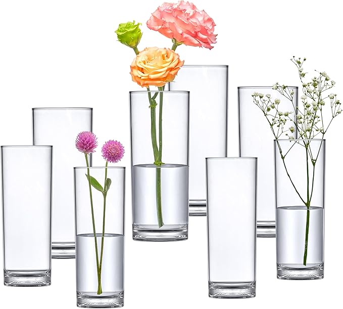 Amazing Abby - Viola Minuto - Plastic Cylinder Vases (8-Piece Set), Acrylic Flower Vases for Wedding Centerpieces, Home Decorations, Office Ornaments, Shatter-Proof, 6" + 7" (H) (Not Glass)