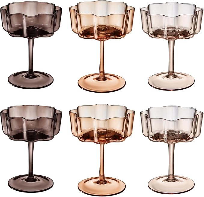 Venus Flower Scalloped Vintage Wavy Petals Wave Glass Coupes 7oz Colorful Martini, Champagne & Cocktails, 6 Set Brown Amber Shades Rippled Champagne Glasses, Elegant Bar Glassware, Aesthetic Coupe