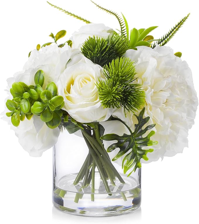 ENOVA FLORAL Artificial Rose Flowers in Vase, Mixed Fake White Rose and Silk Peonies in Vase with Faux Water for Dining Table Centerpieces, Home Decor Indoor