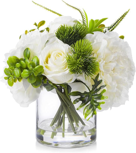 ENOVA FLORAL Artificial Rose Flowers in Vase, Mixed Fake White Rose and Silk Peonies in Vase with Faux Water for Dining Table Centerpieces, Home Decor Indoor