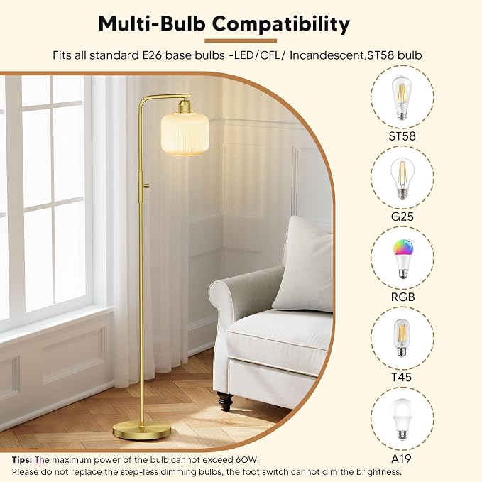 Glass Floor Lamp for Living Room, Modern Standing Lamp with White Glass Lampshade & Brushed Gold, Stepless Dimmable and Rotary Switch, 66” Tall Lamp & White Floor Lamp for Bedroom Study Room