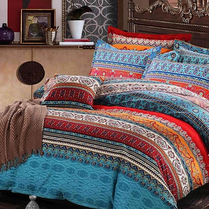 Bohemian Queen Comforter Set Soft Chic 3 Pieces Bedding Boho Queen Comforter Set Lightweight Exotic Red Teal Boho Mandala Colorful Vintage Comforter Bed Set for All Seasons (Queen)