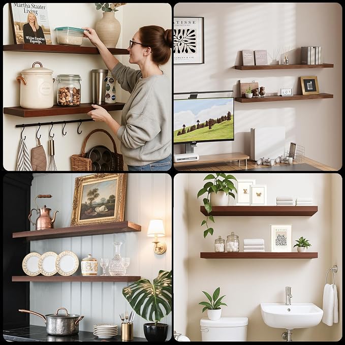 Floating Shelves for Wall, Bathroom Shelves Over Toilet, Wall Shelves & Book Shelf for Room, Hanging Shelf, Modern Wooden Mounted Floating Shelves, 36x7x1.5 in (Walnut-Like, Set of 2)