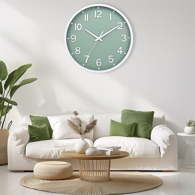 Wall Clocks Battery Operated 12 inch Modern Wall Clock,Silent Non Ticking Wall Clock for Living Room Bedroom Kitchen Office Classroom Decor (Green White)