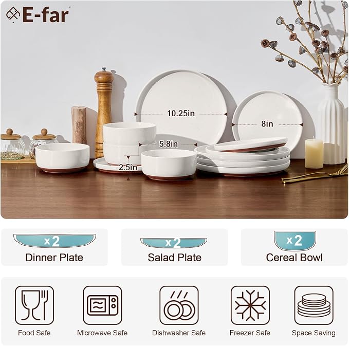 E-far 6-Piece Stoneware Dinnerware Sets, Plates and Bowls Sets for 2, Ceramic Dishware Dishes Set with Terracotta Base, Chip & Scratch Resistant, Microwave & Dishwasher Safe, Speckled White