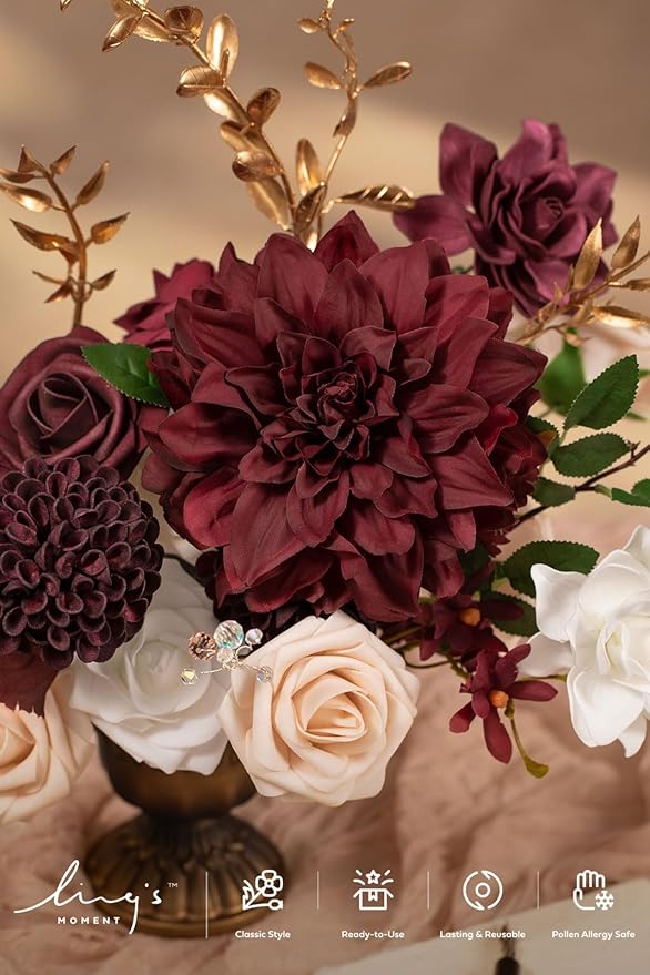 Ling's moment Fake Flowers Box, Faux Artificial Greenery Stems Foam Roses Gardenia Silk Dahlia Fabic Flower for Centerpieces Bouquet Wedding Vase Decorations, Marsala & Soft Peach, Grand Combo