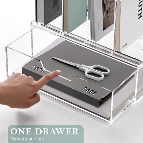 SANRUI Acrylic Desk Organizer - Clear Sliding Drawer with 4 Vertical Compartments for Office Supplies