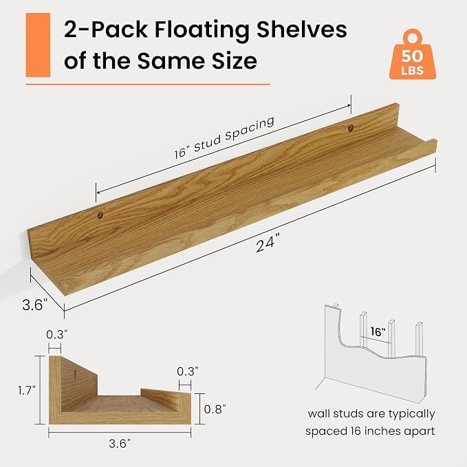 RICHFOCUS Picture Ledge Shelf, 24 inch Floating Shelves Set of 2, Wood Wall Shelves with Lip, Wall Decor Storage for Bedroom Living Room Bathroom Kitchen Nursery Photo Picture, Oak