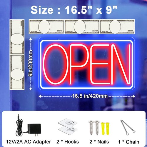 Skiennix 16.5" x 9" LED Neon Open Sign - Ultra Bright 12V/2A Light with ON/OFF Switch for Bars, Salons, Coffee Shops, Hotels