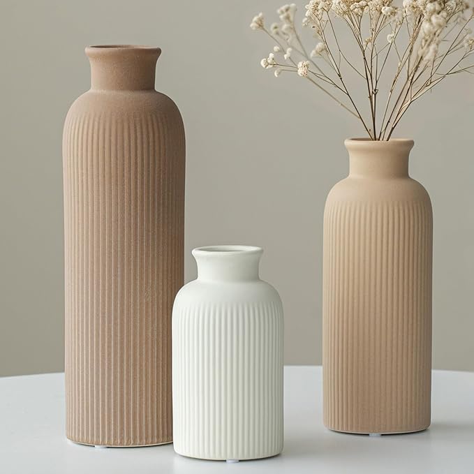 Modern Ceramic Vase Set, Earth Tone Natural Color Ribbed Matte Design, 3-Piece Decorative Vases for Home, Living Room, Office (Coffee Mix)