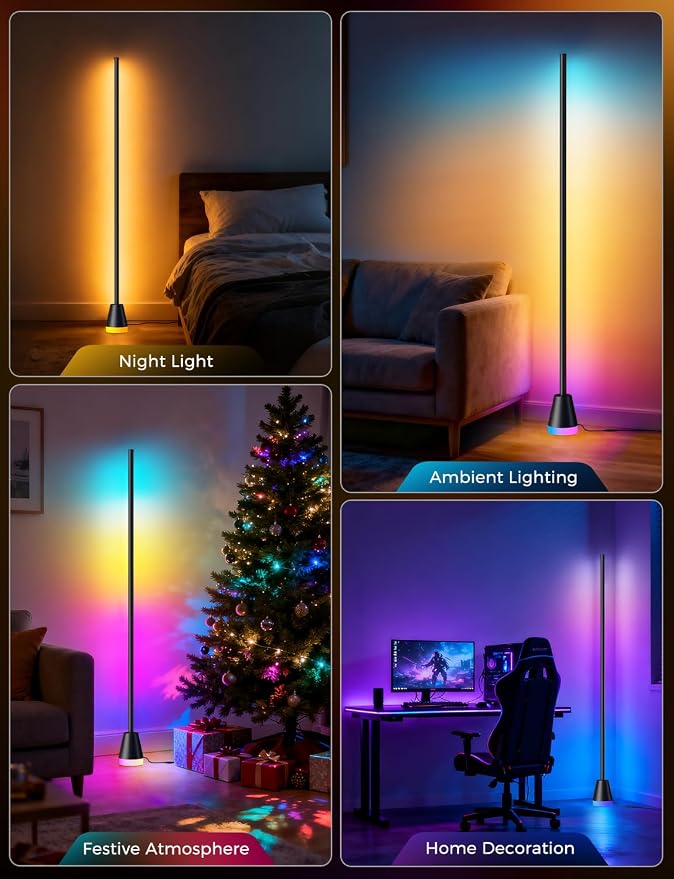 Corner Floor Lamp, Smart RGB Lamps for Living Room Bedroom, APP & Remote Control Tall Standing LED Lights, 16 Million DIY Colors Modern Ambient Lighting with Music Sync & Timer, Jet Black