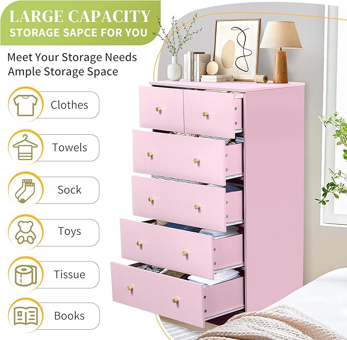 Karl home Pink 6 Drawer Dresser for Bedroom, Tall Dresser Chest of Drawers, Rustic Wood Bedroom Dressers Clothes Organizer, Anti-Tipping Device, Rose Gold Metal Handle, Living Room, Entryway, Office