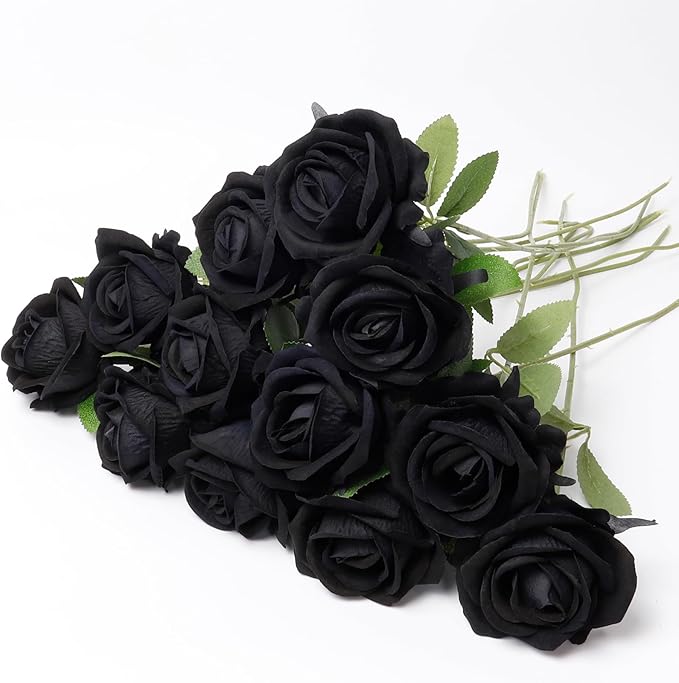 Black Artificial Rose Flowers, 12 Pcs Fake Roses for Halloween Decoration, Silk Roses with Long Stems, Home and Office DIY Decor