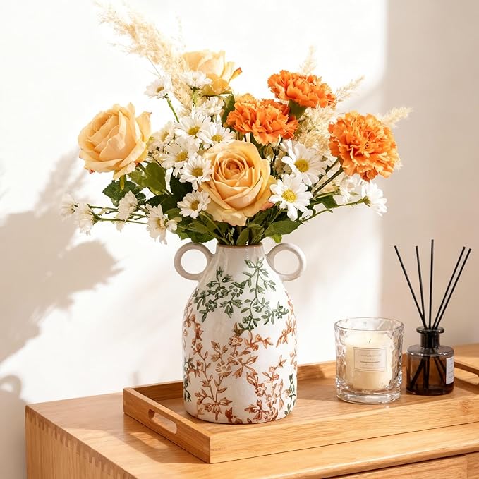 Rustic Green Ceramic Vase with Handle, Nordic Boho Small Vases Side Table Flower Centerpiece, Wide Mouth Single Flower Vase Pampas Grass Decorative - for Home Window Sill Living Dining Room Kitchen