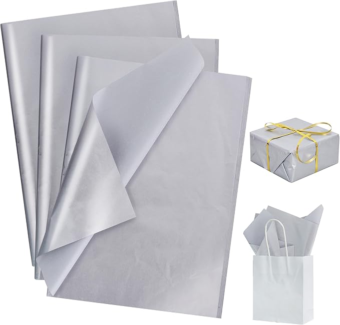 BEISHIDA 100 Sheets Silver Tissue Paper Bulk, Metallic Wrapping Tissue Paper for Gift Bags, 14 x 20 Inch Gift Wrap for Birthday Wedding Graduation DIY Crafts Holiday Flowers