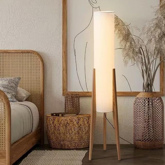 Wabi-sabi 50" Wooden Tripod Floor Lamp Linen Floor Lamp Paper Lantern Inspired Fabric Standing Lamp With E26 3-Color Temperatures Solid Wood Tall Light For Living Room Bedroom (Includes Bulb)