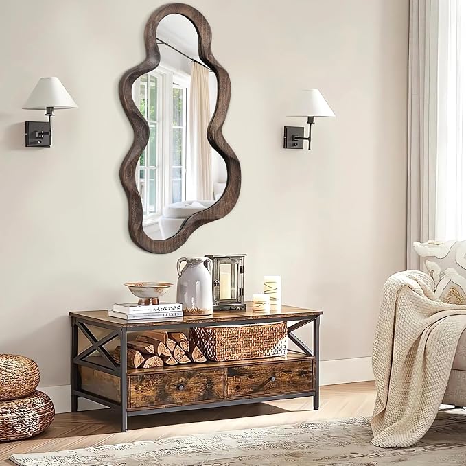 Asymmetrical Mirror for Wall Brown Irregular Wood Frame Modern Artistic Wall Mirror Decorative Vanity Bathroom Living Room Bedroom Entryway Hallway Cute and Stylish Cloud Mirror Large 36" x 20"