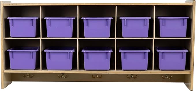 10 Section Montessori Cubby Wall Mounted Shelf with Purple Containers for Daycare Storage, Organizing Toys, School Art & Craft Supplies