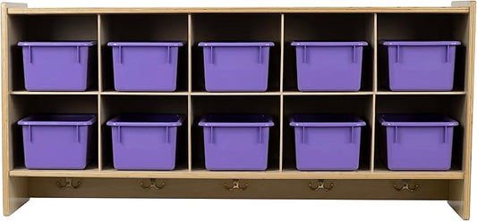10 Section Montessori Cubby Wall Mounted Shelf with Purple Containers for Daycare Storage, Organizing Toys, School Art & Craft Supplies