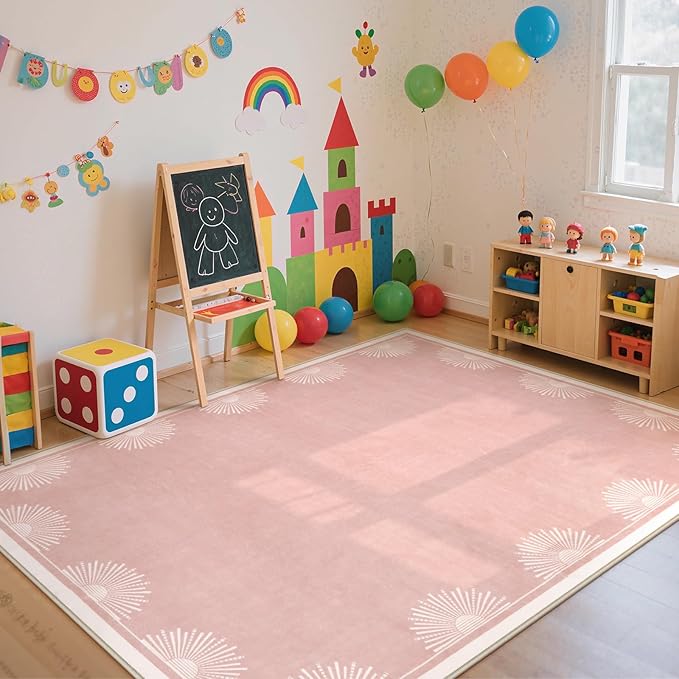 Hedlive Modern 5x7 Pink Area Rugs for Bedroom Girls, Ultra Thin Washable Nursery Rug for Kids Room, Soft Sun Print Toddler Room Rug,Boho Non Shedding Baby Carpets for Classroom Dorm Girls Decor
