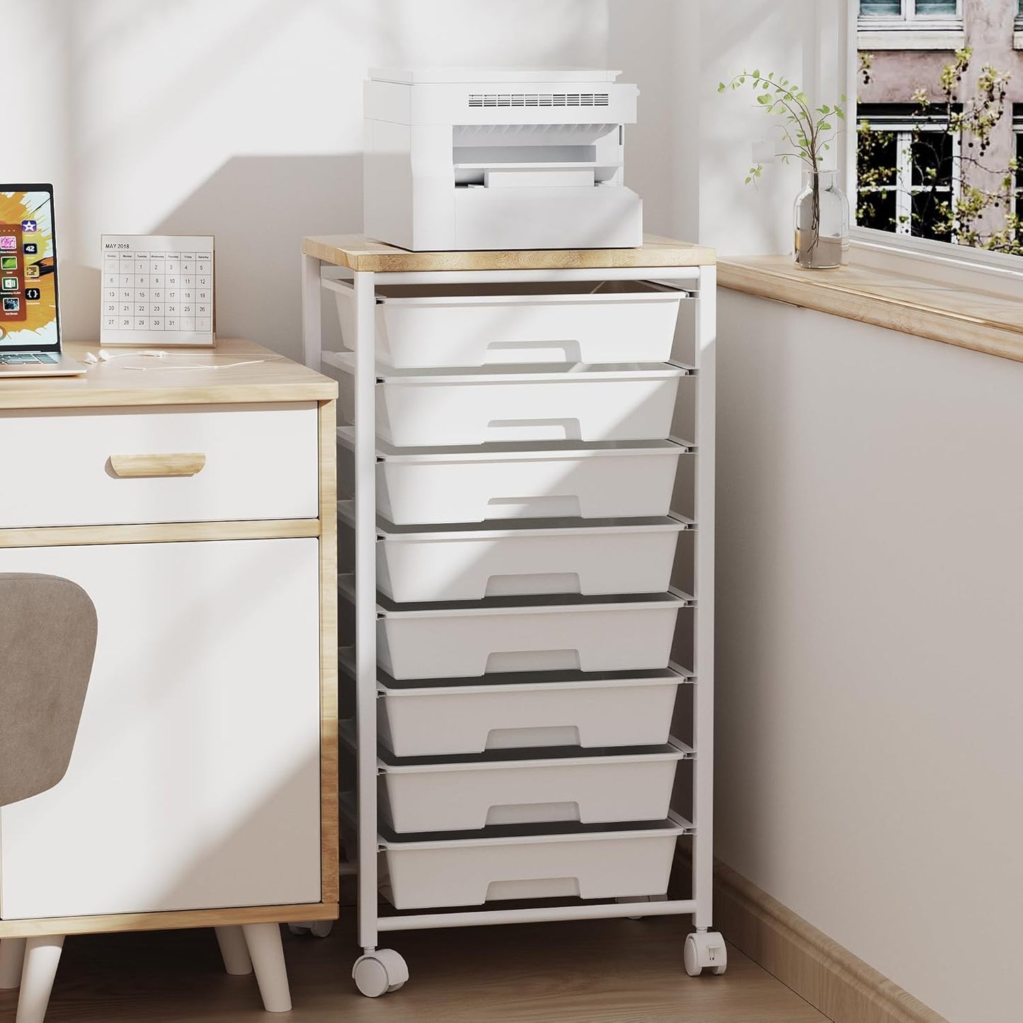 Skiennix Rolling Cart - 8 Drawer Storage Solution with Wooden Tabletop & Lockable Wheels | Versatile for Home & Office