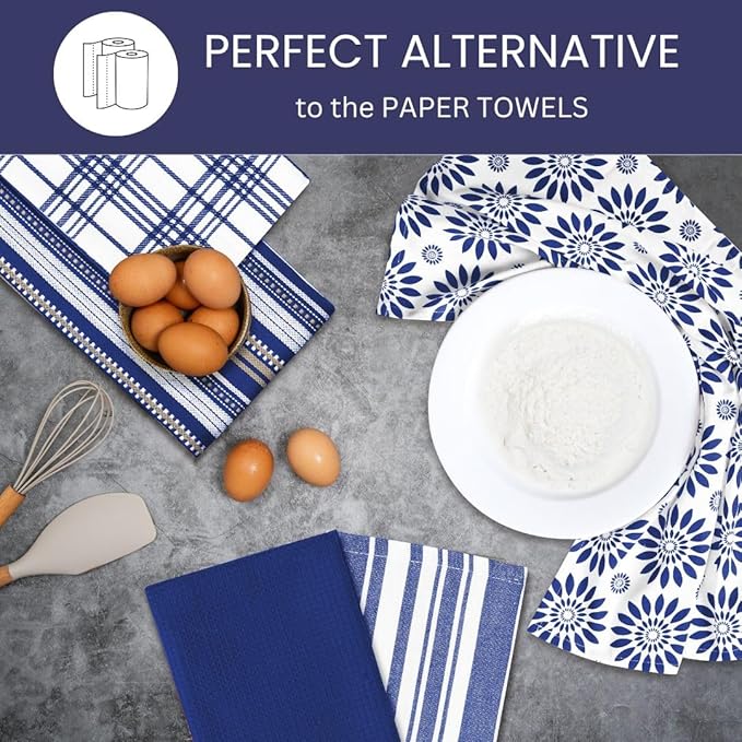 Assorted Kitchen Towels Large 16x26 inches 100% Cotton Set of 5 - Soft Absorbent Washable Tea Towel for Kitchen - Dish Cloths with Hanging Loop - Quick Drying Dish Towels Navy Blue