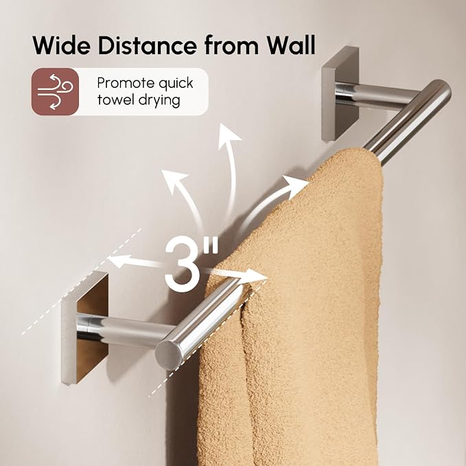 USHOWER Polished Chrome Towel Bar, 18 Inch Towel Racks for Bathroom Wall Mounted, 304 Stainless Steel Towel Holder with Square Base, Modern Home Decor (Total Length 20 Inch)