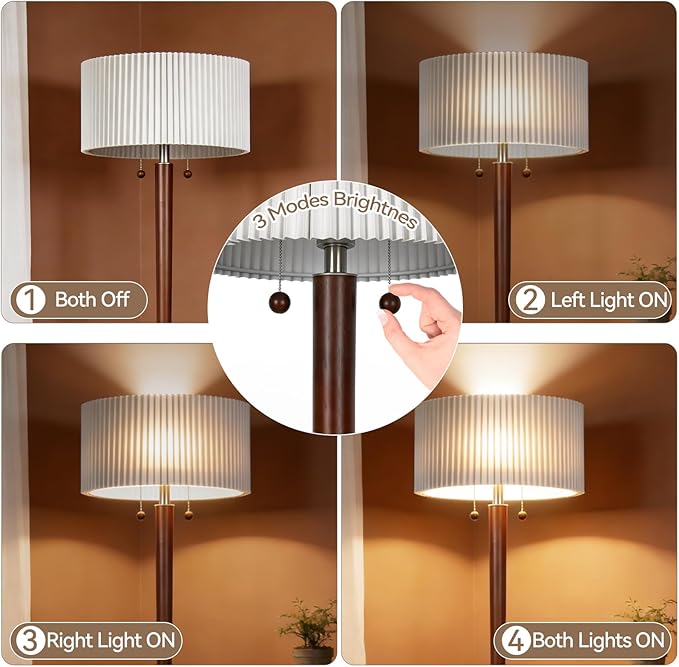 2-Lights Wood Floor Lamp with Pull Chains Dual Switch, Mid-Century Modern Corner Lamp with Pleated Shade, Standing Lamp for Living Room, Bedroom, Office, Reading Room, Dark Walnut Finish