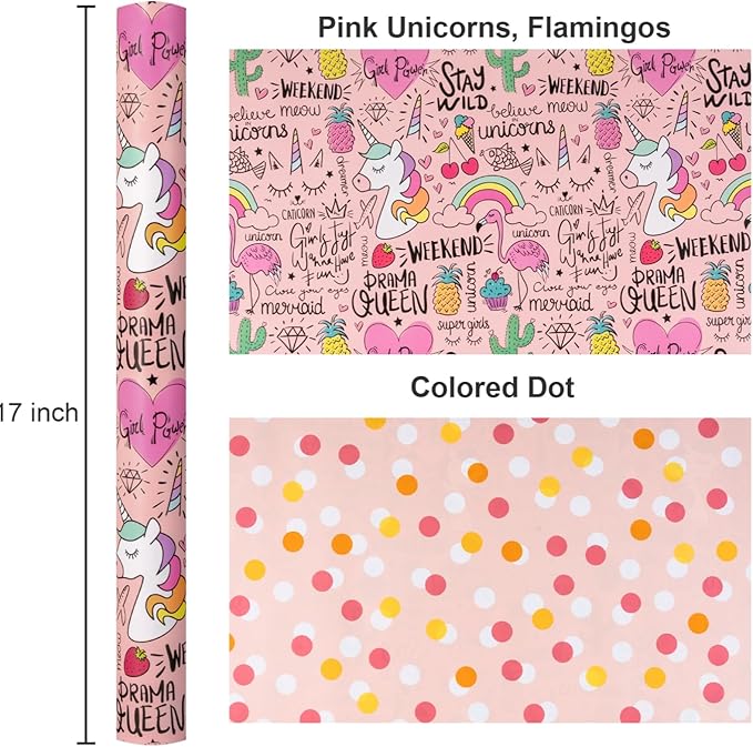 Burymento Pink Unicorn Wrapping Paper, Reversible Dot Design Gift Wrap for Birthday, Valentines, Mothers day, Graduation, Wedding, Fathers day, Baby Shower, Christmas (17 IN x 32.8 FT)