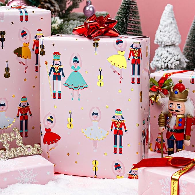 MAYPLUSS Pink Christmas Wrapping Paper Roll - 17IN X 33FT - Christmas Nutcracker Gift Wrapping Paper Featuring Ballet Guitar Gold Star Reversible Snowflake for Kids, Holiday, New Year
