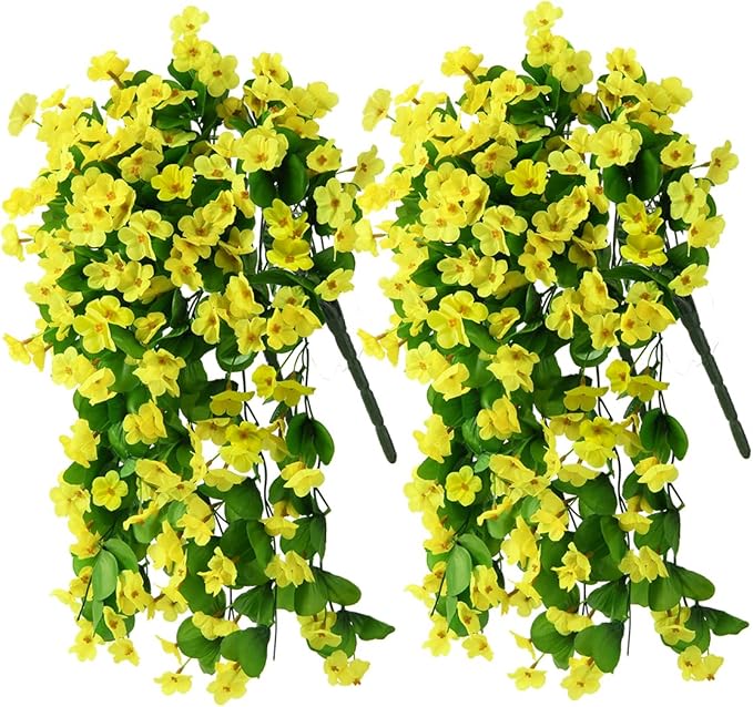 Artificial Fake Hanging Flowers Plants for Outdoor Spring Summer Decoration, 2PCS Faux Silk Violet UV Resistant Look Real Trailing Vines for Outside Home Planter Porch Patio(Yellow)