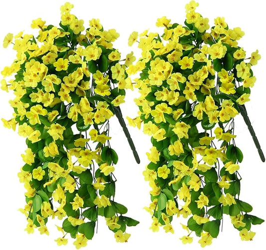 Artificial Fake Hanging Flowers Plants for Outdoor Spring Summer Decoration, 2PCS Faux Silk Violet UV Resistant Look Real Trailing Vines for Outside Home Planter Porch Patio(Yellow)