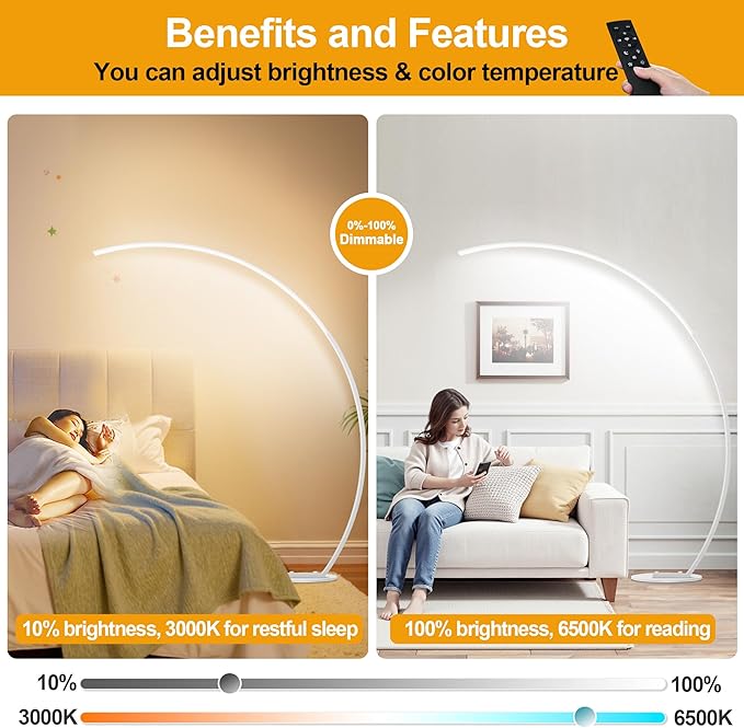 2000LM Ultra-Wide Coverage LED Lamps for Living Room with 3 Color Temperatures, White Dimmable Arc Floor Lamps, Modern Standing Tall Lamp with Remote Control Reading Floor Lamp for Bedroom Office